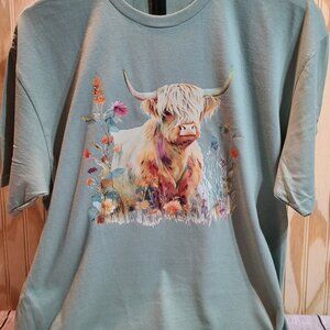 Green Short Sleeve Tee with Highland Cow Print